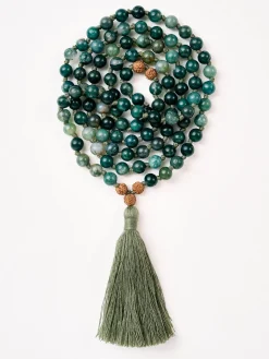 Mala Bead Necklace - Green Moss Agate