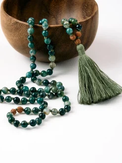 Mala Bead Necklace - Green Moss Agate